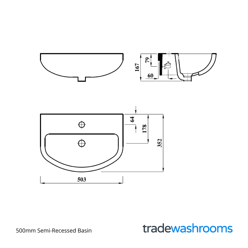 ASWHGSR50BA1 - 500mm Semi Recessed Basin