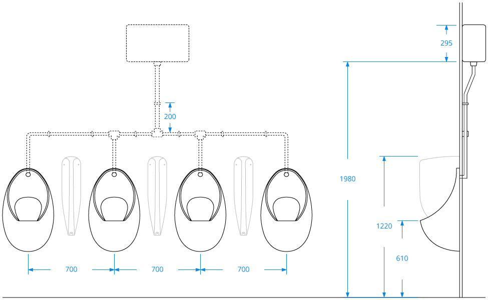 Four Bowl Urinal Set with Concealed Pipework