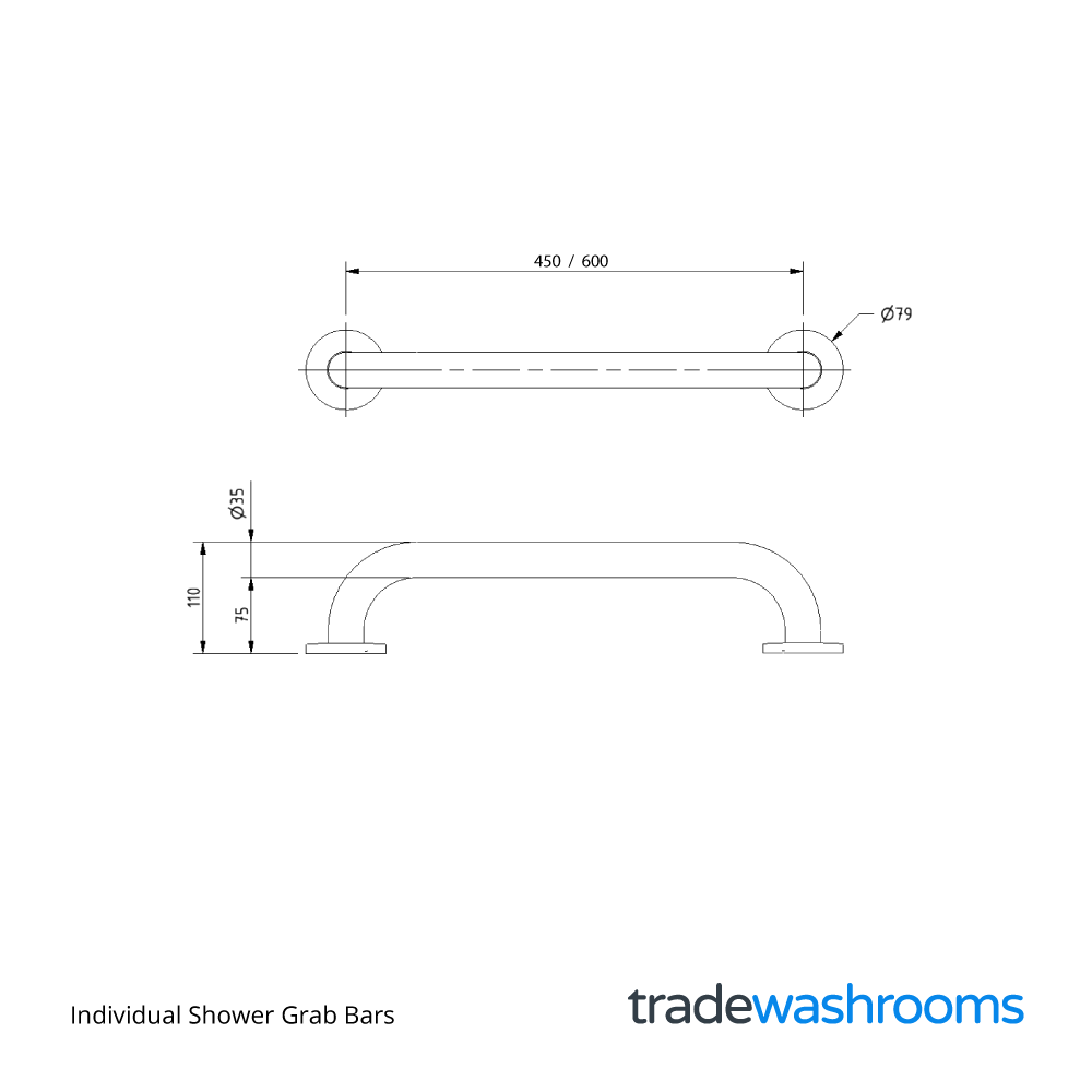 Individual Shower Grab Bars - 450mm or 600mm