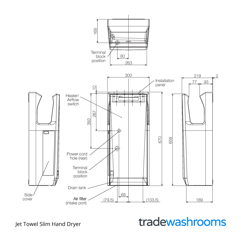 Jet Towel Slim Hand Dryer - Dimensions