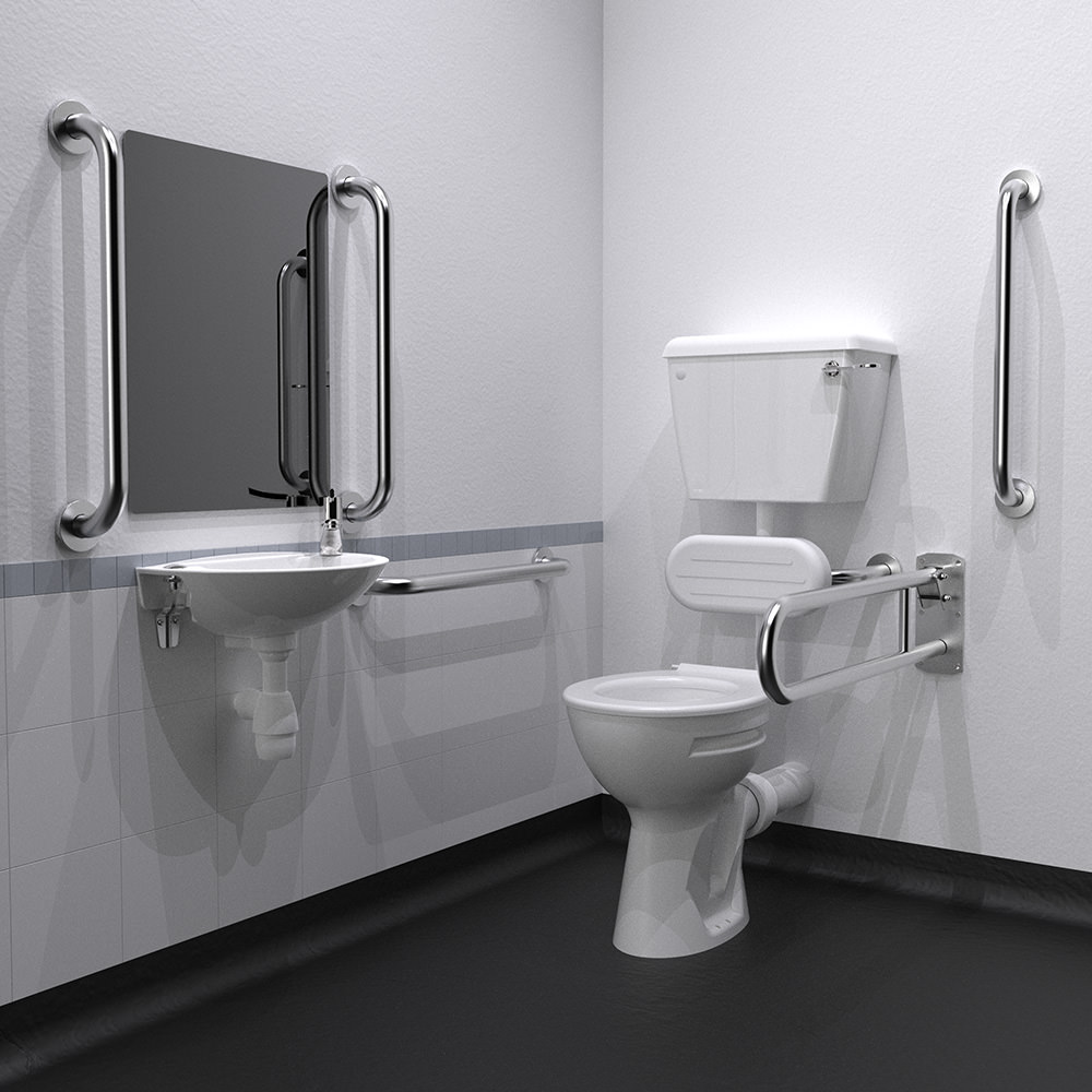 Low-Level Doc M Toilet Pack with Satin Stainless Steel Grab Rails