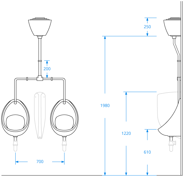 Two Urinal Bowl Set with Exposed Pipework